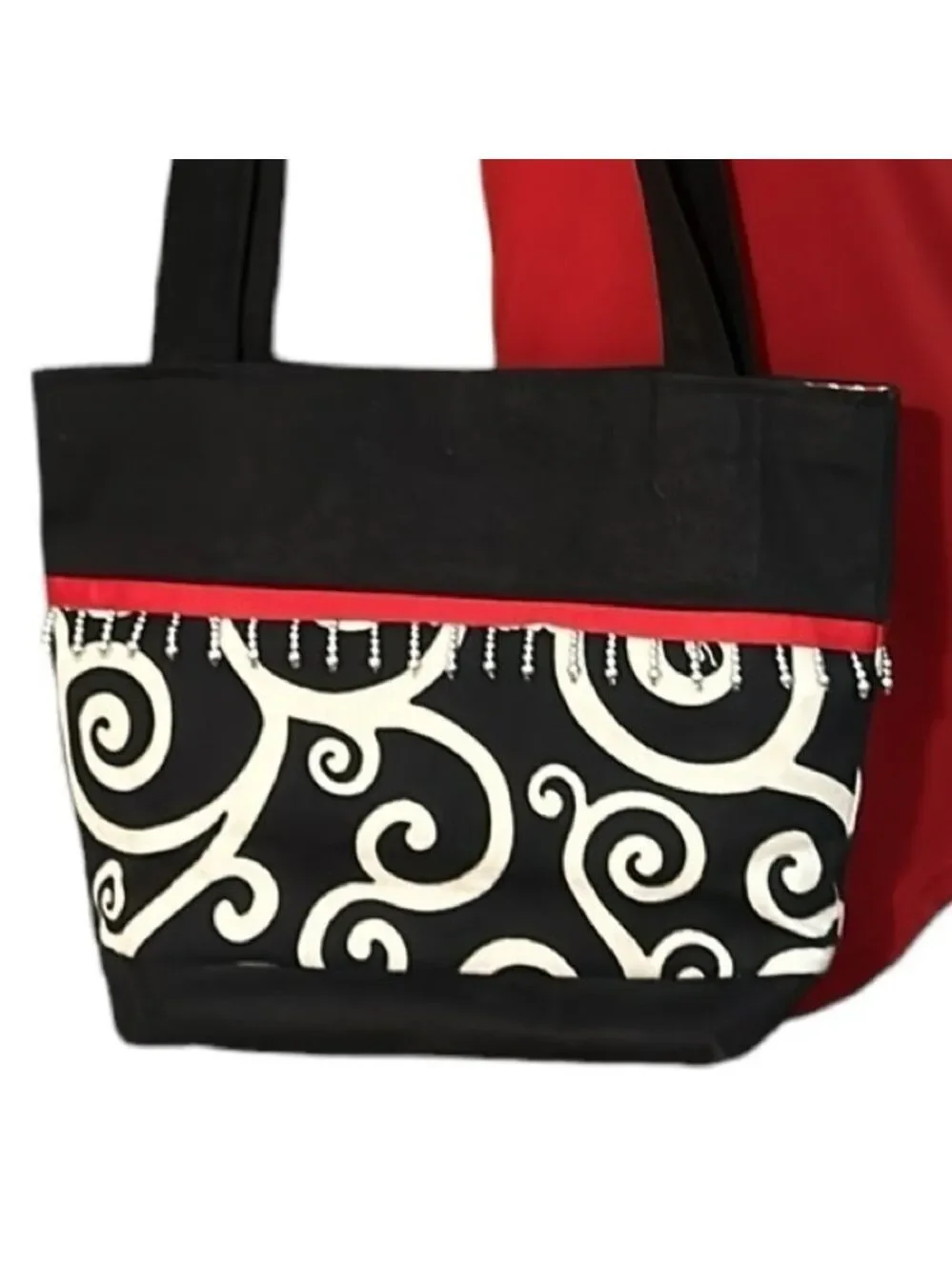 Black and White Fabric Shoulder Bag with Beads by Marty Bags